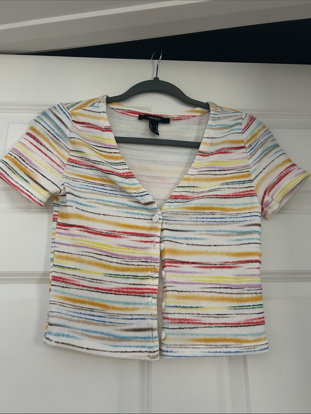 Forever 21 White Multicolor Striped Button Front Short Sleeve Top